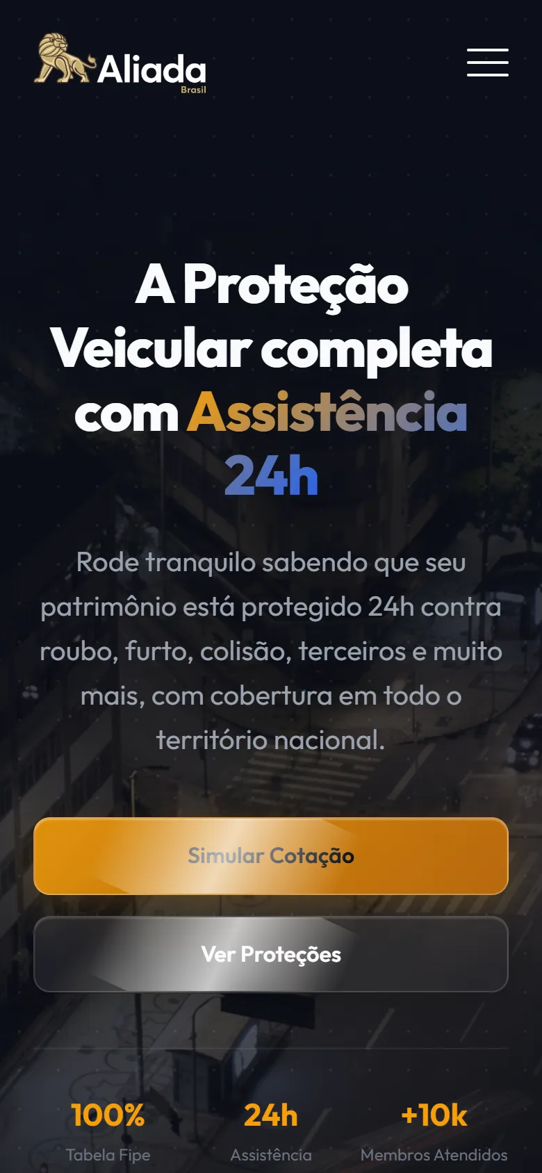 Site da Alliada Brasil Proteção Veicular no celular