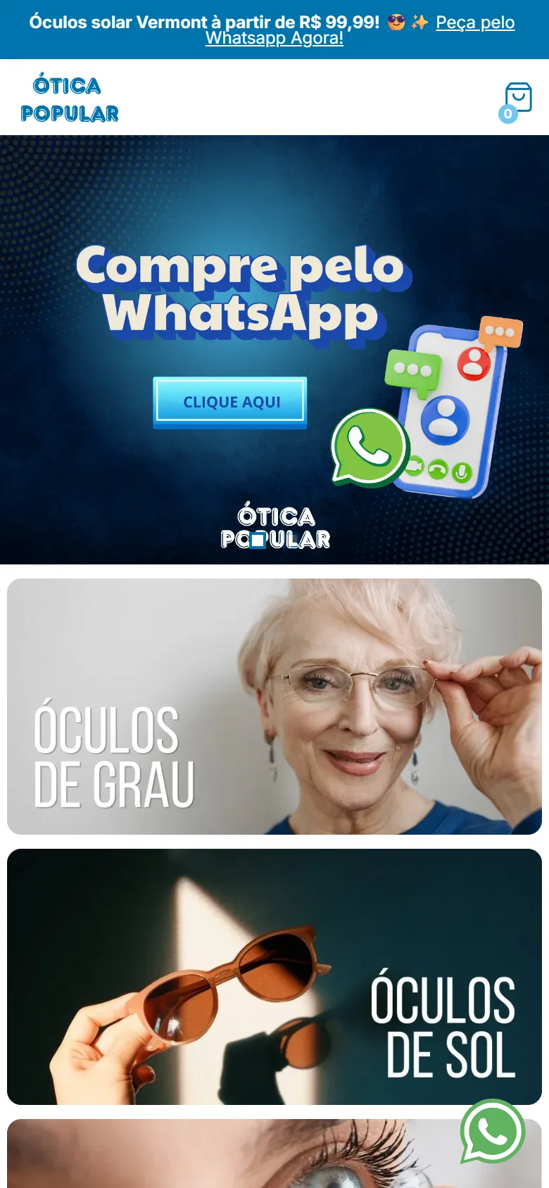 Site da Ótica Popular MG no celular