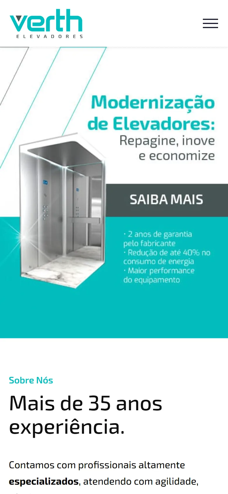 Site da Verth Elevadores no celular